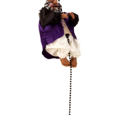 1613 DEK Ragana, lipanti ant karoliukų virvės, šviesa ir juokas, ragana h=24cm p=14cm, virvelė h=110cM