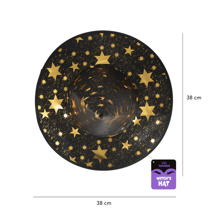 136140-1 Raganos kepurė Stars juoda ir auksinė 38x32cm