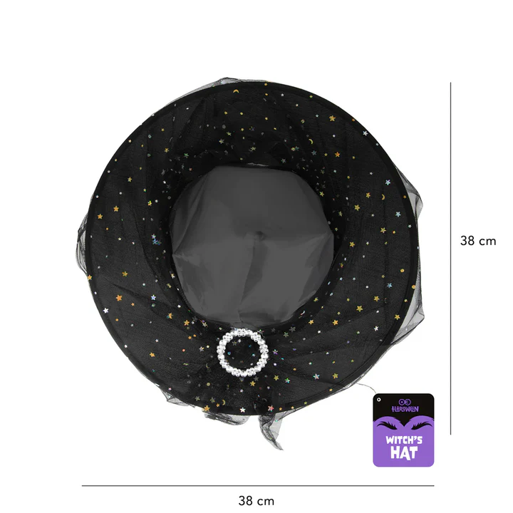 Juodos ir sidabrinės spalvos tiulio raganos kepurė 38x32cm