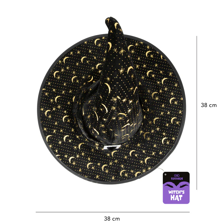 Juodos ir auksinės spalvos lenkta raganos kepurė 38x30cm