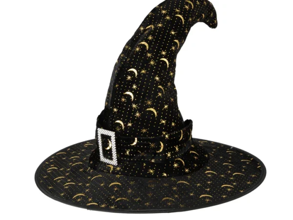 136225 Juodos ir auksinės spalvos lenkta raganos kepurė 38x30cm
