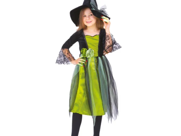 153680 Raganos kostiumas mergaitei, žalias ir juodas, L dydis